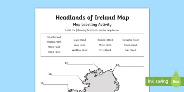 Headlands of Ireland Map Worksheet (teacher made)