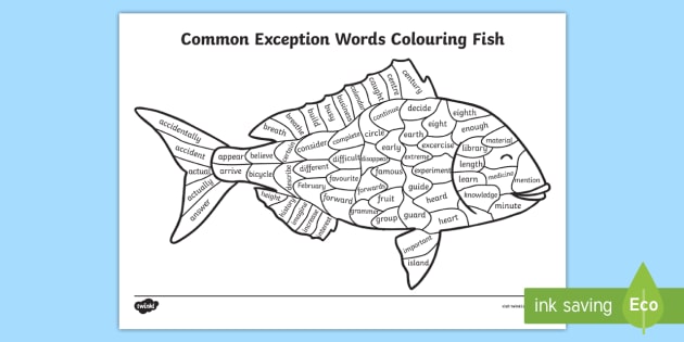 Year 3 and 4 Common Exception Words Colouring Fish Worksheet