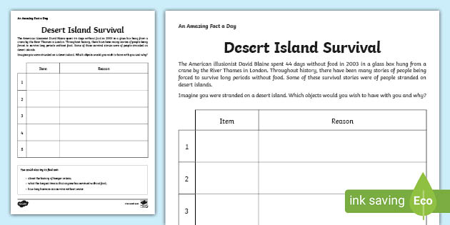 Desert Island Survival Worksheet - Learning Resource - Twinkl