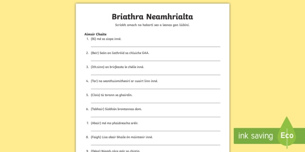 Irregular Irish Verbs | Aimsir Chaite Worksheet Gaeilge
