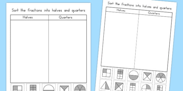 halves and quarters sorting worksheet year 2 maths