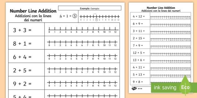 Addition up to 12 Number Line Worksheet / Worksheets English/Italian