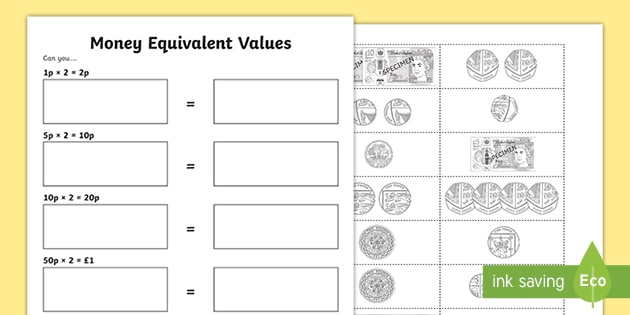 money equivalent values matching worksheet teacher made