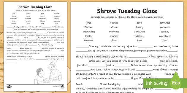 Shrove Tuesday Cloze Activity Sheet - Pancake day