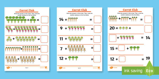 Carrot Club Addition to 20 Worksheet