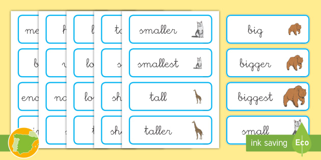 A1 Tarjetas De Vocabulario Tamanos En Ingles