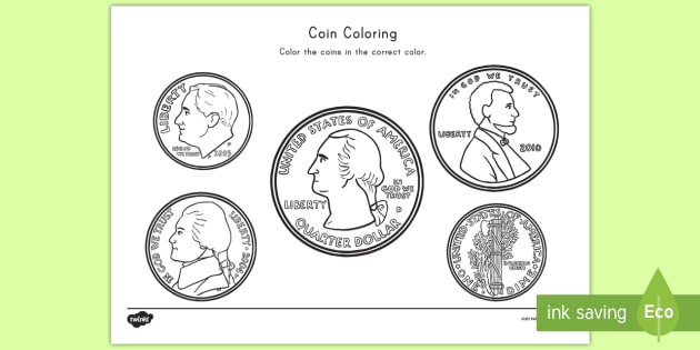 Download US Coin Coloring Worksheet / Activity Sheet - color, coloring