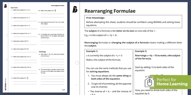 Rearranging Formulae Worksheet Home Learning Ks3