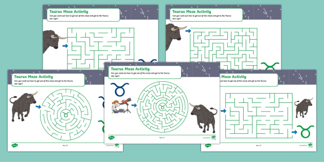 FREE Taurus Star Sign Themed Maze Activity Worksheets