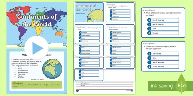 Continents Of The World Powerpoint And Quiz Card Resource Pack