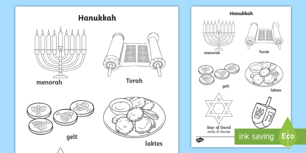 Hanukkah Words and Pictures Colouring Page English/Italian - Hanukkah, Jew