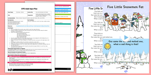 Five Little Snowmen Fat Rhyme EYFS Adult Input Plan and Resource Pack