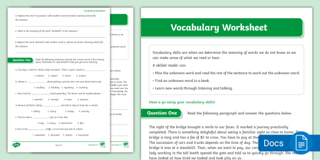 Vocabulary　Skills:　(Year　Worksheet　3-4)　Reading　Comprehension