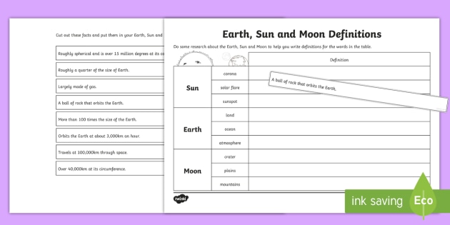 Earth Sun and Moon Definition Activity (teacher made)