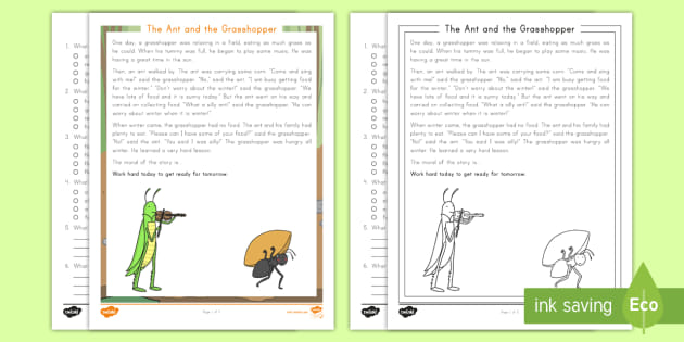 The Ant And The Grasshopper Reading Comprehension Differentiated Worksheet