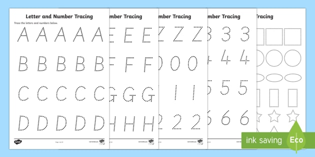 Letters Numbers and Shapes Tracing Worksheets (Teacher-Made)
