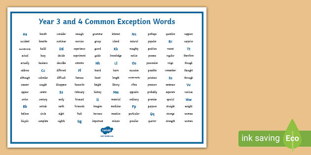 Toys Games Year 3 Year 4 Common Exception Laminated Word Mat 