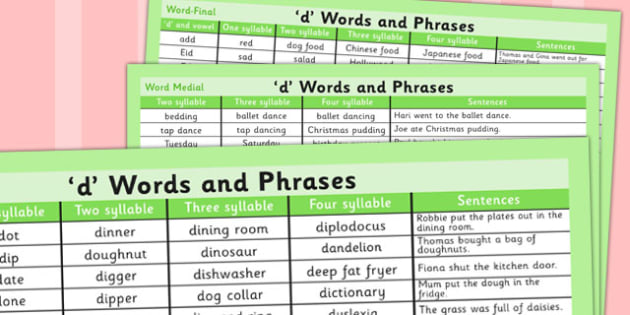 D' Word List (teacher made)