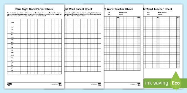 Blue Reading Sight Words Checklist