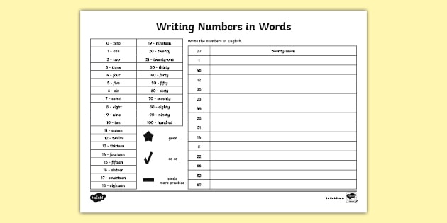 Numbers Words Worksheets