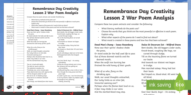 Remembrance Day Creativity Lesson 2 War Poem Analysis Worksheet Worksheet