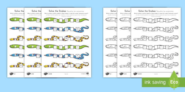 Solve the Snakes Maths Worksheet / Worksheet Pack English/Spanish