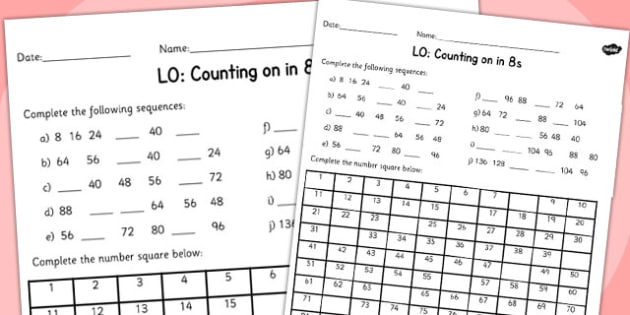 counting in 8s worksheet teacher made