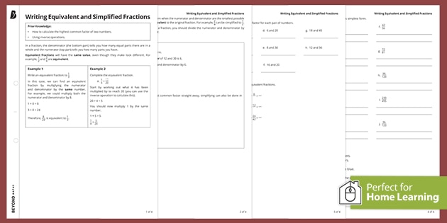 👉 Writing Equivalent and Simplified Fractions Worksheet | Beyond