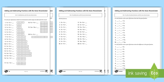 adding fractions worksheets with answer key