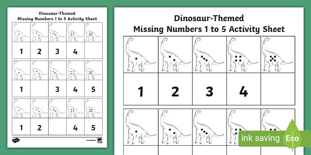 dinosaur themed missing numbers 1 to 5 worksheet