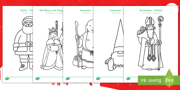 Santa Around The World Coloring Sheets US English/Spanish (Latin)