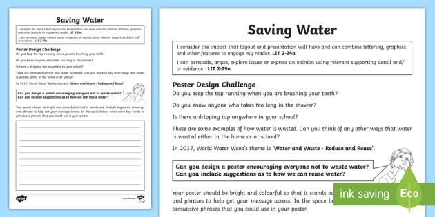 World Oceans Day Design a Save Water Writing Worksheet / Worksheet