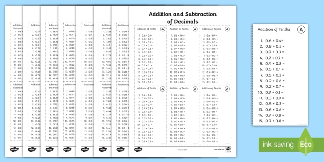 Addition and Subtraction of Decimals Horizontal Worksheet
