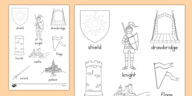 Castles and Knights Words Colouring Sheet (teacher made)
