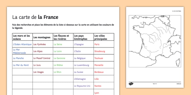 Feuille d'activités : Carte vierge à remplir - La France