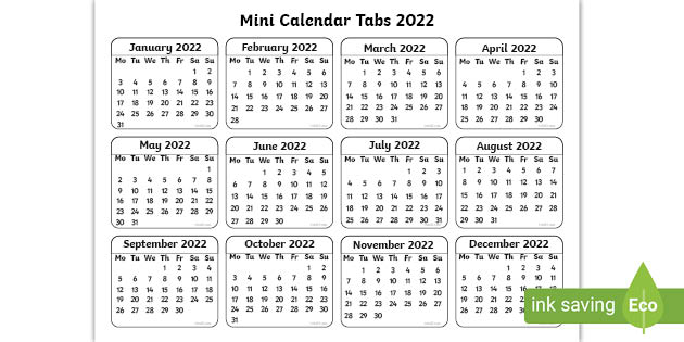 Small Calendar 2022 Printable Mini Calendar Tabs 2022 (Teacher Made)