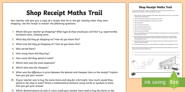 Shop Receipt Maths Trail Worksheet / Worksheet - 630 x 315 jpeg 47kB