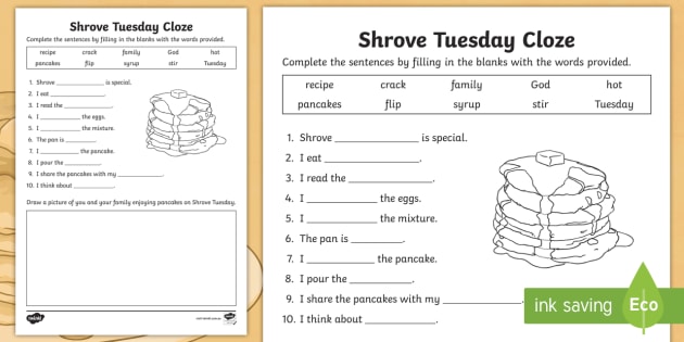 Shrove Tuesday Cloze Junior Activity Sheet - Pancake Day