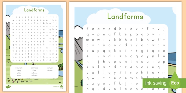 Landforms Word Search - Landforms, plain, mountain, hill