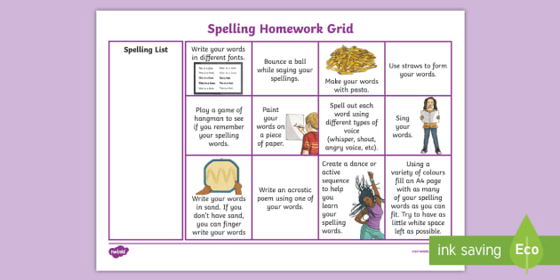 active spelling homework grid