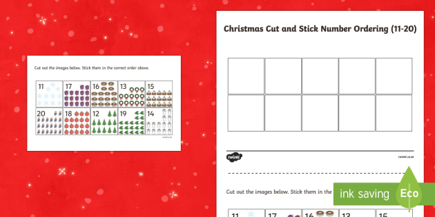 christmas cut and stick number ordering 11 20 worksheet