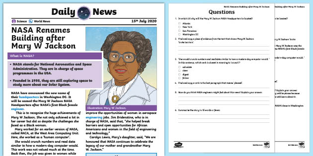 NASA Names Headquarters after Mary W. Jackson Daily News Story (ages 9-11)