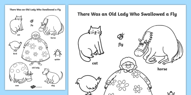 There Was an Old Lady Who Swallowed a Fly Words Colouring Sheet