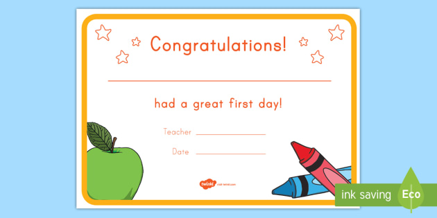 First Day Of First Grade Certificate Teaching Resources