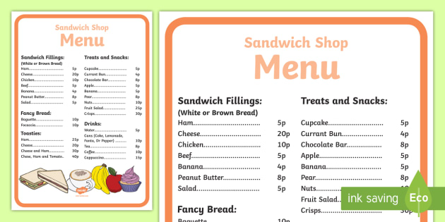 Sandwich Shop Role Play Menu - sandwich shop, role play ...