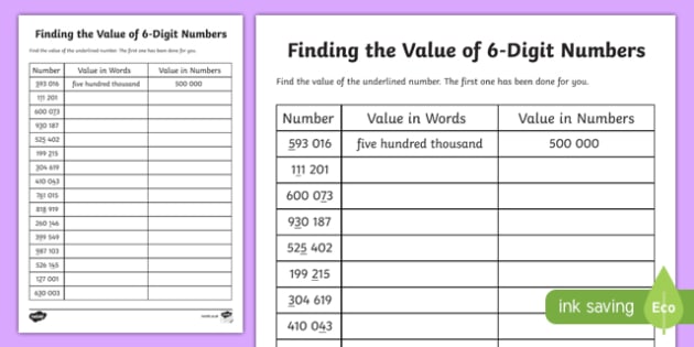 Place Value Finding the Value of 6-Digit Numbers Worksheet