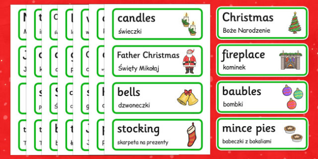 Christmas topic word cards Polish Translation