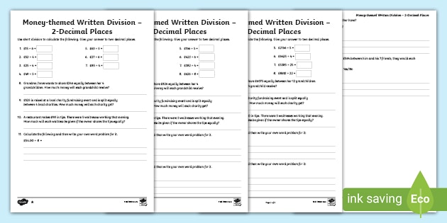 uks2 money themed written division 2 decimal place differentiated worksheets