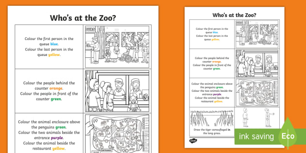 Who's at the Zoo? Spatial Awareness Worksheet / Worksheet