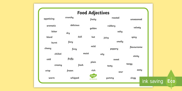 Which words are adjectives. Food adjectives. Adjectives for food. Adjectives about food. Describing food adjectives.